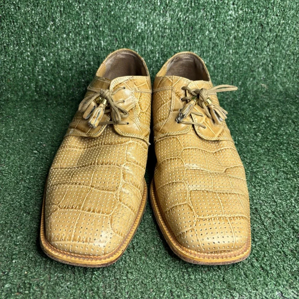 Marco Vicci Croc Embossed Perforated Tassel Oxford Dress Shoes Tan Mens Size 11